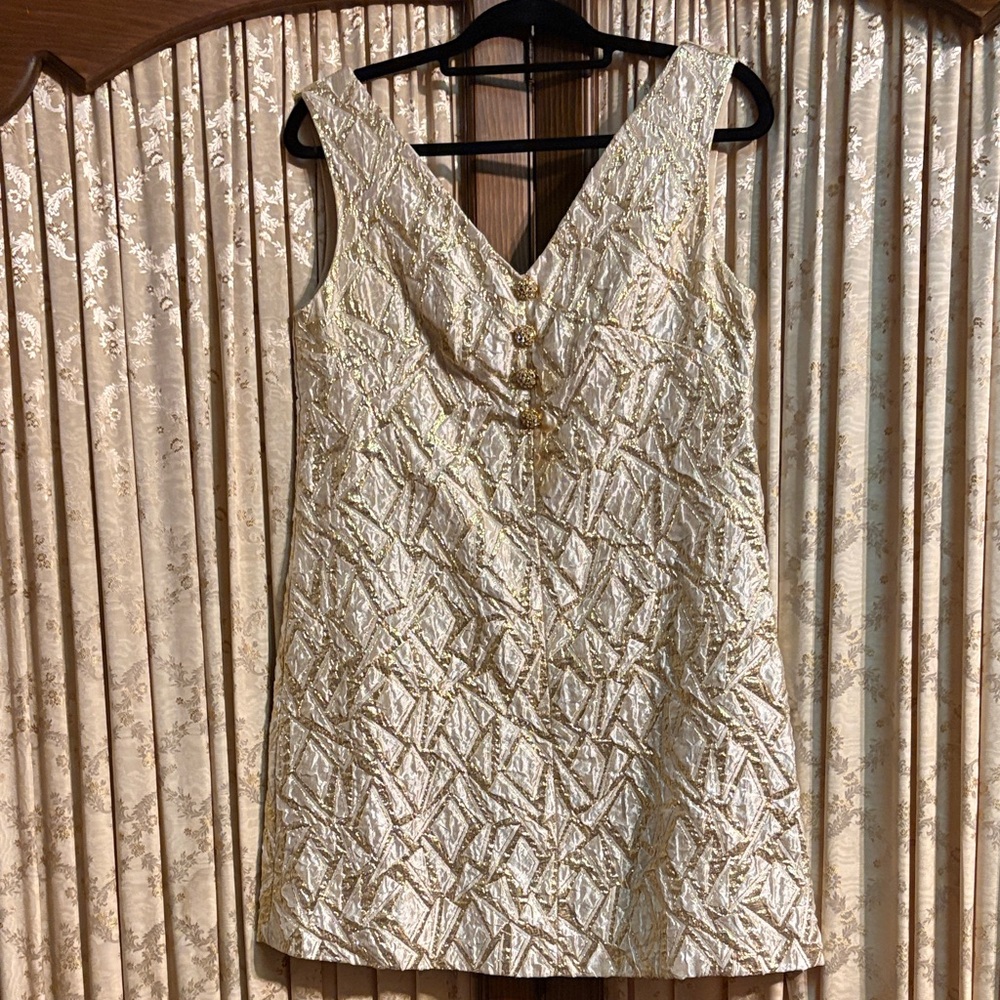 Unique Vintage Gold Textured Holiday Sleeveless Mini Dress S